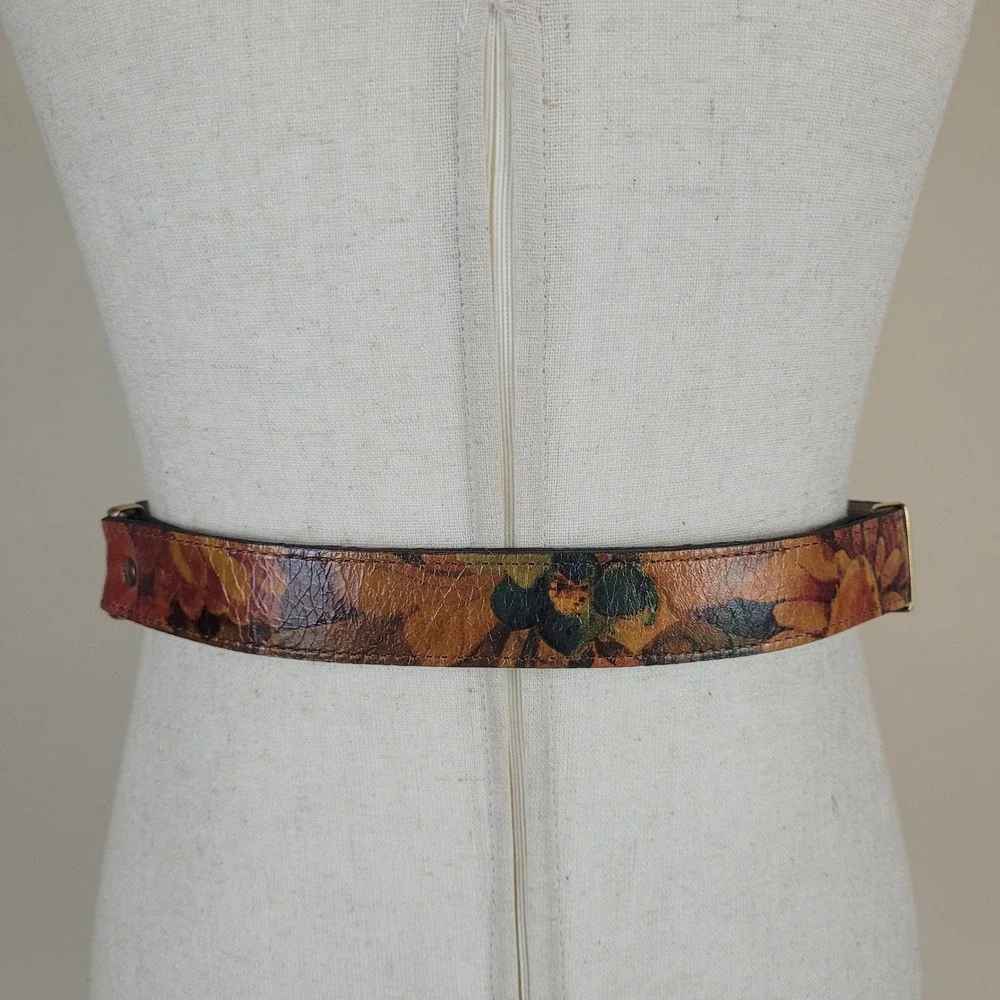 VTG Floral Belt 38 Colorful Leather Hook Buckle Argentina Boho Cinch 90s Corset